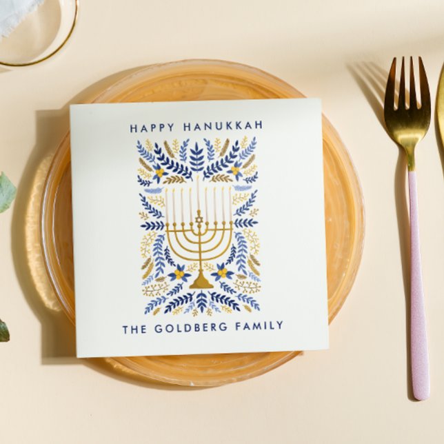 Happy Hanukkah Festive Watercolor Menorah FOLIAGE Napkin (Creator Uploaded)