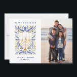 Happy Hanukkah Festive Watercolor Menorah Photo   Holiday Card<br><div class="desc">Happy Hanukkah! Send Hanukkah greetings to family and friends with this elegant photo flat card. It features watercolor Menorah and elegant wreath foliage in a sophisticated palette of gold, light blue, and navy blue. Customise the card with your cherished vertical photo and two lines of custom text to add a...</div>