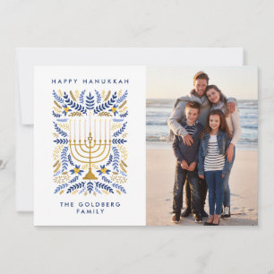 Happy Hanukkah Festive Watercolor Menorah Photo Holiday Card