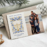 Happy Hanukkah Festive Watercolor Menorah Photo   Holiday Card<br><div class="desc">Happy Hanukkah! Send Hanukkah greetings to family and friends with this elegant photo flat card. It features watercolor Menorah and elegant wreath foliage in a sophisticated palette of gold, light blue, and navy blue. Customize the card with your cherished vertical photo and two lines of custom text to add a...</div>