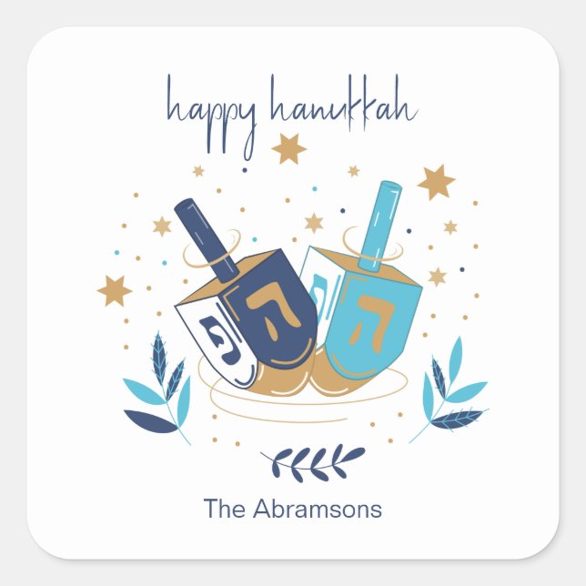 Happy Hanukkah Floral Dreidel Square Sticker (Front)