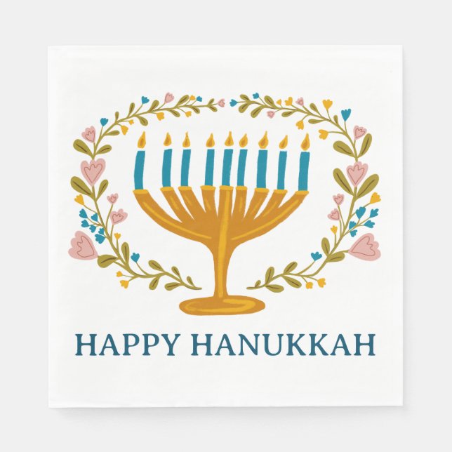 HAPPY HANUKKAH Floral MENORAH Jewish Holiday  Napkin (Front)