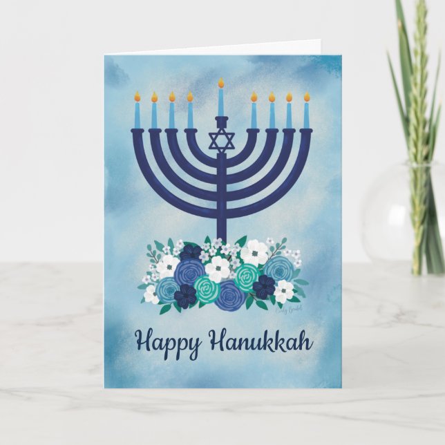 Happy Hanukkah Floral Menorah Thank You Card (Front)