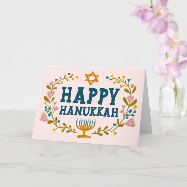 HAPPY HANUKKAH floral wreath Jewish Customisable  Card (Orchid)