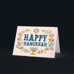 HAPPY HANUKKAH floral wreath Jewish Customisable  Card<br><div class="desc">Hand drawn text and florals by me for you.  Add your own text to the inside of the card or change the background colours. For more designs and colours check my shop! Or let me know if you'd like something custom.  Ask if you don't find what you need! :)</div>