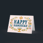 HAPPY HANUKKAH floral wreath Jewish Customisable  Card<br><div class="desc">Hand drawn text and florals by me for you.  Add your own text to the inside of the card or change the background colours. For more designs and colours check my shop! Or let me know if you'd like something custom.  Ask if you don't find what you need! :)</div>