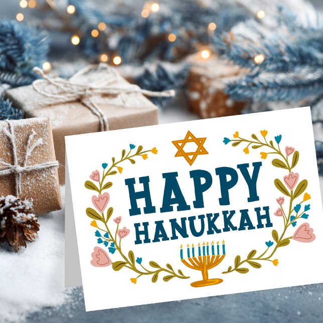 HAPPY HANUKKAH floral wreath Jewish Customisable  Card (HAPPY HANUKKAH floral wreath Jewish Customizable Holiday Greeting Card
)