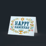HAPPY HANUKKAH floral wreath Jewish Customisable  Card<br><div class="desc">Hand drawn text and florals by me for you.  Add your own text to the inside of the card or change the background colours. For more designs and colours check my shop! Or let me know if you'd like something custom.  Ask if you don't find what you need! :)</div>