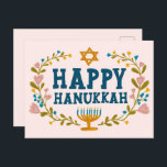 HAPPY HANUKKAH floral wreath Jewish Customisable Postcard<br><div class="desc">Hand drawn text and florals by me for you. Add your own text to the back of the postcard or change the background colours. For more designs and colours check my shop! Or let me know if you'd like something custom. Ask if you don't find what you need! :)</div>