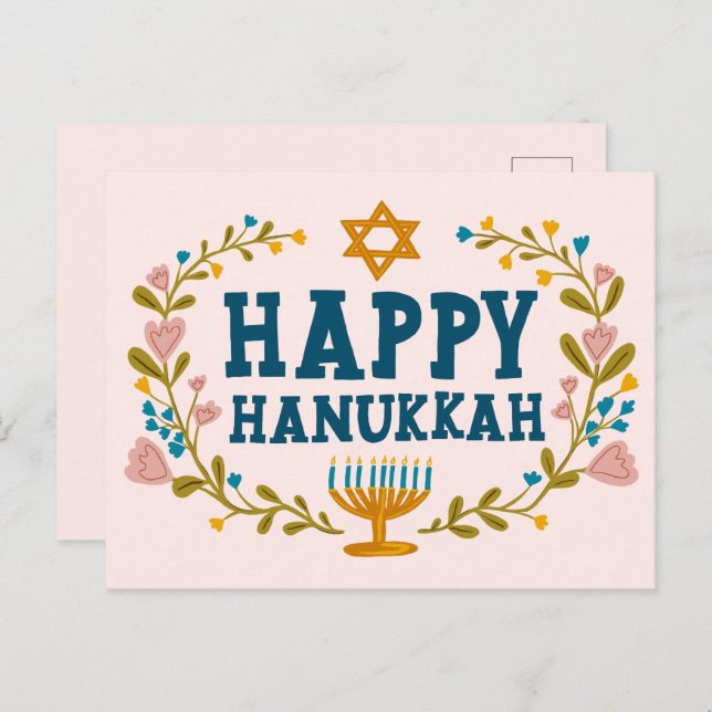 HAPPY HANUKKAH floral wreath Jewish Customisable  Postcard (Front/Back)