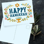 HAPPY HANUKKAH floral wreath Jewish Customisable Postcard<br><div class="desc">Hand drawn text and florals by me for you. Add your own text to the back of the postcard or change the background colours. For more designs and colours check my shop! Or let me know if you'd like something custom. Ask if you don't find what you need! :)</div>