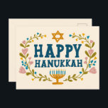 HAPPY HANUKKAH floral wreath Jewish Customisable  Postcard<br><div class="desc">Hand drawn text and florals by me for you.  Add your own text to the back of the postcard or change the background colours. For more designs and colours check my shop! Or let me know if you'd like something custom.  Ask if you don't find what you need! :)</div>