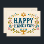 HAPPY HANUKKAH floral wreath Jewish Customisable  Postcard<br><div class="desc">Hand drawn text and florals by me for you.  Add your own text to the back of the postcard or change the background colours. For more designs and colours check my shop! Or let me know if you'd like something custom.  Ask if you don't find what you need! :)</div>