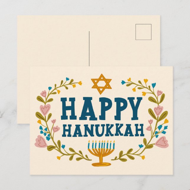 HAPPY HANUKKAH floral wreath Jewish Customisable  Postcard (Front/Back)