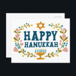 HAPPY HANUKKAH floral wreath Jewish Customisable  Postcard<br><div class="desc">Hand drawn text and florals by me for you.  Add your own text to the back of the postcard or change the background colours. For more designs and colours check my shop! Or let me know if you'd like something custom.  Ask if you don't find what you need! :)</div>