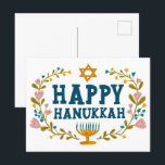 HAPPY HANUKKAH floral wreath Jewish Customisable Postcard<br><div class="desc">Hand drawn text and florals by me for you. Add your own text to the back of the postcard or change the background colours. For more designs and colours check my shop! Or let me know if you'd like something custom. Ask if you don't find what you need! :)</div>