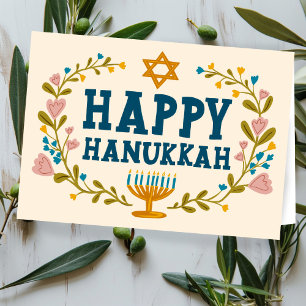 HAPPY HANUKKAH floral wreath Jewish Customizable Card