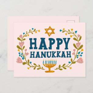 HAPPY HANUKKAH floral wreath Jewish Customizable  Postcard