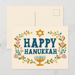 HAPPY HANUKKAH floral wreath Jewish Customizable  Postcard