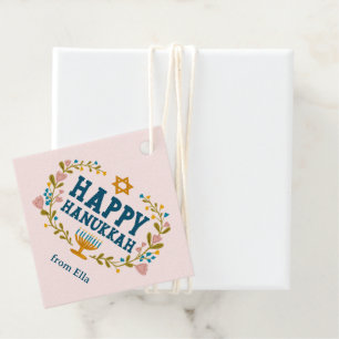 HAPPY HANUKKAH floral wreath Jewish Holiday CUSTOM Favour Tags
