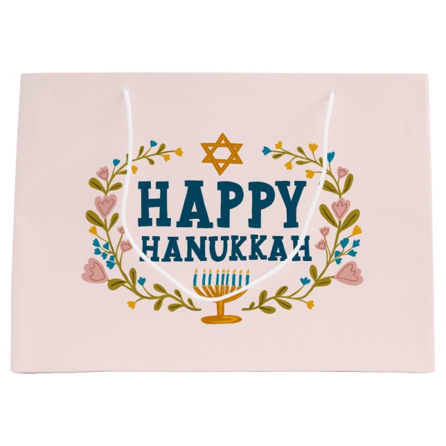 HAPPY HANUKKAH floral wreath Jewish Holiday CUSTOM Large Gift Bag (Front)