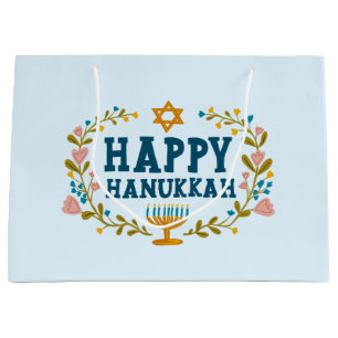 HAPPY HANUKKAH floral wreath Jewish Holiday CUSTOM Large Gift Bag