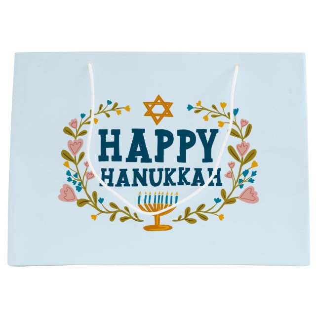 HAPPY HANUKKAH floral wreath Jewish Holiday CUSTOM Large Gift Bag (Front)