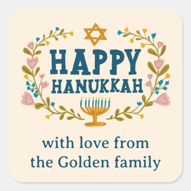 HAPPY HANUKKAH floral wreath Jewish Holiday CUSTOM Square Sticker (Front)