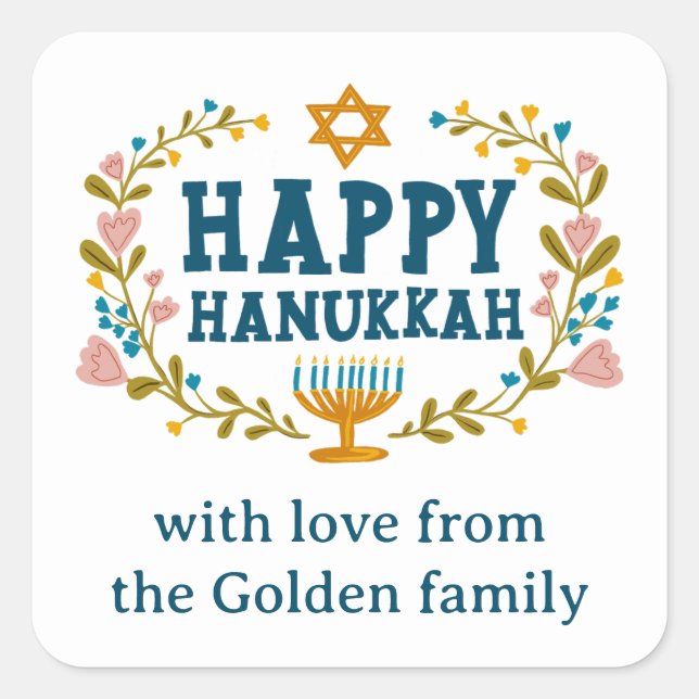 HAPPY HANUKKAH floral wreath Jewish Holiday CUSTOM Square Sticker (Front)