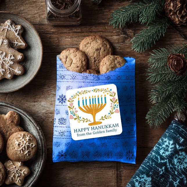 HAPPY HANUKKAH floral wreath Jewish Holiday CUSTOM Square Sticker (HAPPY HANUKKAH floral wreath Jewish Holiday CUSTOM Square Sticker
)
