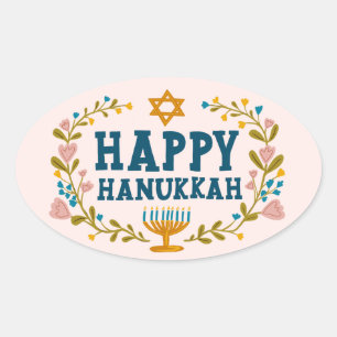 HAPPY HANUKKAH floral wreath Jewish Holiday Oval Sticker