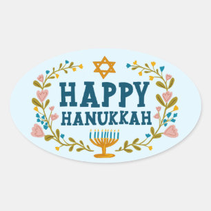 HAPPY HANUKKAH floral wreath Jewish Holiday Oval Sticker