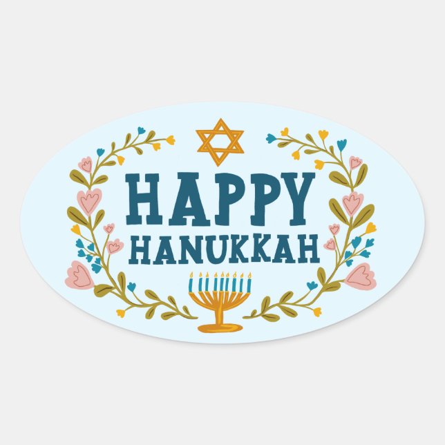 HAPPY HANUKKAH floral wreath Jewish Holiday  Oval Sticker (Front)