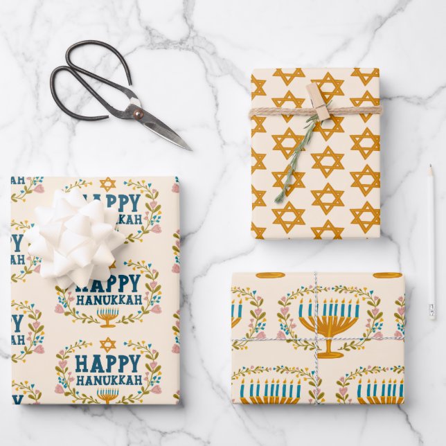 HAPPY HANUKKAH floral wreath Jewish Holiday Set of Wrapping Paper Sheet (Front)