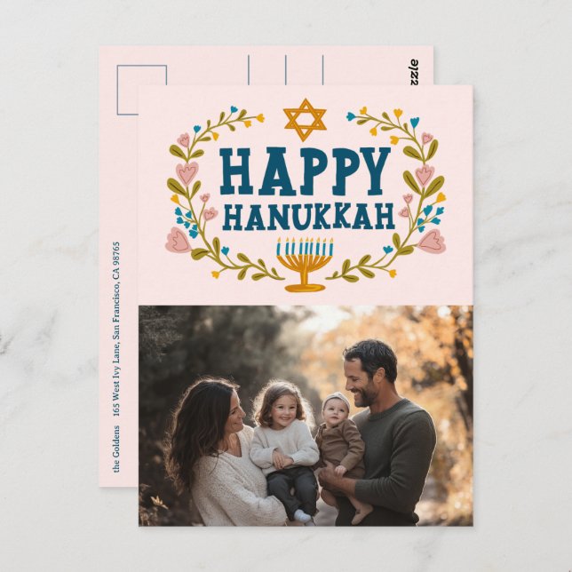HAPPY HANUKKAH Floral Wreath Menorah Custom PHOTO Postcard (Front/Back)