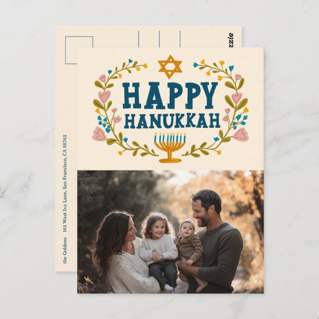 HAPPY HANUKKAH Floral Wreath Menorah Custom PHOTO Postcard (Front/Back)