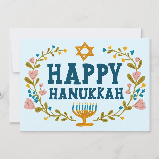 HAPPY HANUKKAH Floral Wreath Menorah Custom Photos Holiday Card (Front)