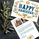 HAPPY HANUKKAH Floral Wreath Menorah Custom Photos Holiday Card<br><div class="desc">Hand drawn text and florals by me for you. Click "personalise" to edit and add your own text and photos to the back of the postcard or change the background colours. Everything is customisable. For more designs and colours check my shop! Or let me know if you'd like something custom....</div>