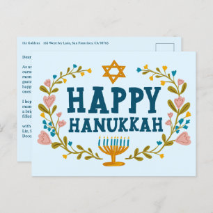 HAPPY HANUKKAH Floral Wreath Menorah Custom text Postcard