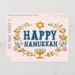 HAPPY HANUKKAH Floral Wreath Menorah Custom text Postcard