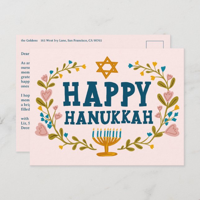 HAPPY HANUKKAH Floral Wreath Menorah Custom text Postcard (Front/Back)