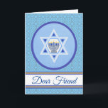 Happy Hanukkah for a Dear Friend Add a Name Card<br><div class="desc">Happy Hanukkah,  for a dear friend. Add your friend's name to the cover of this Hanukkah greeting card for a custom look. Digital illustration with a menorah,  tiled pattern,  and the Star of David. Art,  image,  and verse copyright © Shoaff Ballanger Studios,  2024.</div>