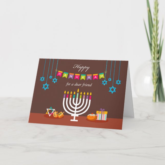 Happy Hanukkah for Friend, Colourful Menorah Card (Front)