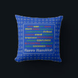 HAPPY HANUKKAH | Fruit of the Spirit | LIGHT BLUE Cushion<br><div class="desc">Colourful festive pillow with faux silver Star of David in subtle background pattern. FRUIT OF THE SPIRIT including Hebrew translations are written in red,  yellow and green. HAPPY HANUKKAH is customisable if you want to add your name. Part of the HANUKKAH Collection.</div>
