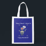 Happy Hanukkah Funny Bleep Robot Blue Personalise Reusable Grocery Bag<br><div class="desc">A cute Hanukkah design that features a robot holding a menorah while saying Bleep!  Bleep!  The text says,  "Bleep!  Bleep!" is Robot for Happy Hanukkah and can be changed and customised to fit your needs!</div>