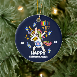 Happy Hanukkah ,funny dabbing unicorn Ceramic Tree Decoration