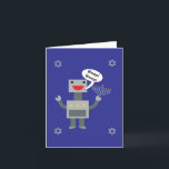 Happy Hanukkah Funny Robot Bleep Blue Personalise Holiday Card<br><div class="desc">A funny Hanukkah design featuring a robot saying "Bleep!  Bleep!" while holding a menorah and surrounded by four Star of David on a blue background.  The inside says,  "Bleep!  Bleep!" is Robot for "Happy Hanukkah!"  The text can be changed and personalised to fit your needs.</div>