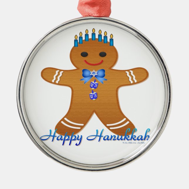 Happy Hanukkah Gingerbread Man Menorah Metal Tree Decoration (Front)