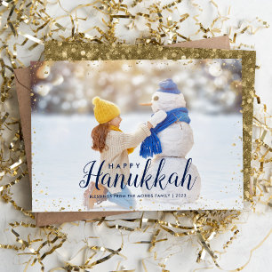 Happy Hanukkah   Glitz Faux Glitter Photo Overlay Holiday Card