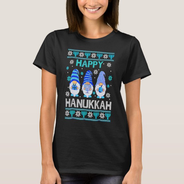 Happy Hanukkah Gnome Gnomies Menorah Pajama Ugly T-Shirt (Front)